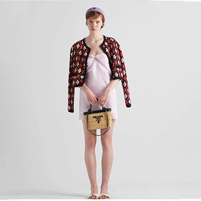 prada mini crochet raffia and leather trim tote bag